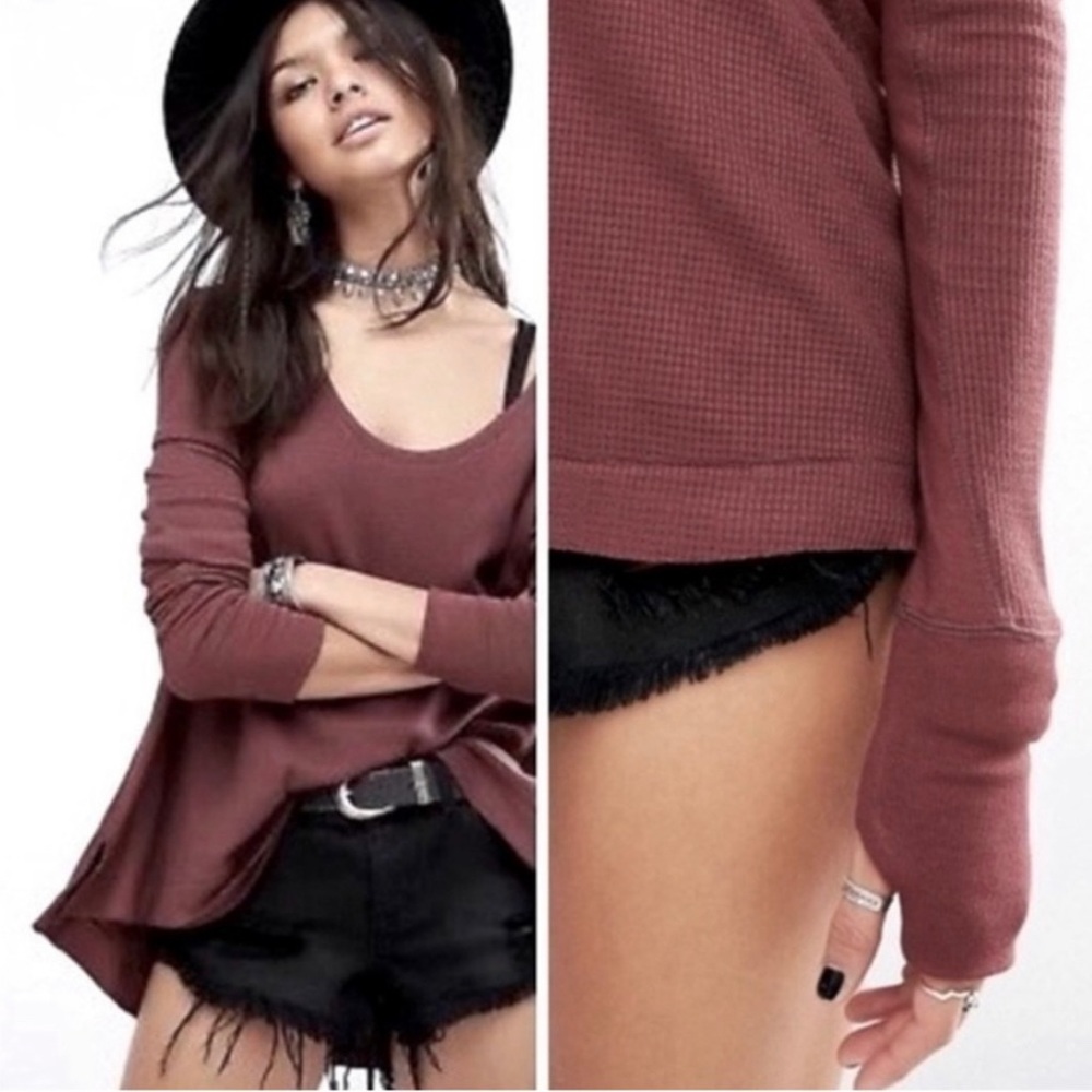 FREE PEOPLE Malibu Thermal Scoop Neck Long Sleeve Top Brown/Purple Size …